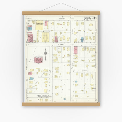 Old map wall art mockup — magnetic wood frame on white wall — Sanborn Fire Insurance Map from Nevada, Vernon County, Missouri (1914), Sheet #0007