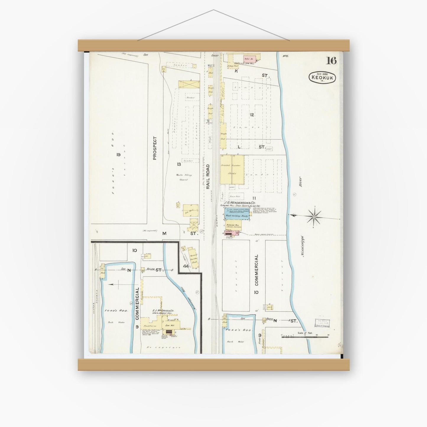 Old map wall art mockup — magnetic wood frame on white wall — Sanborn Fire Insurance Map from Keokuk, Lee County, Iowa (1888), Sheet #0016