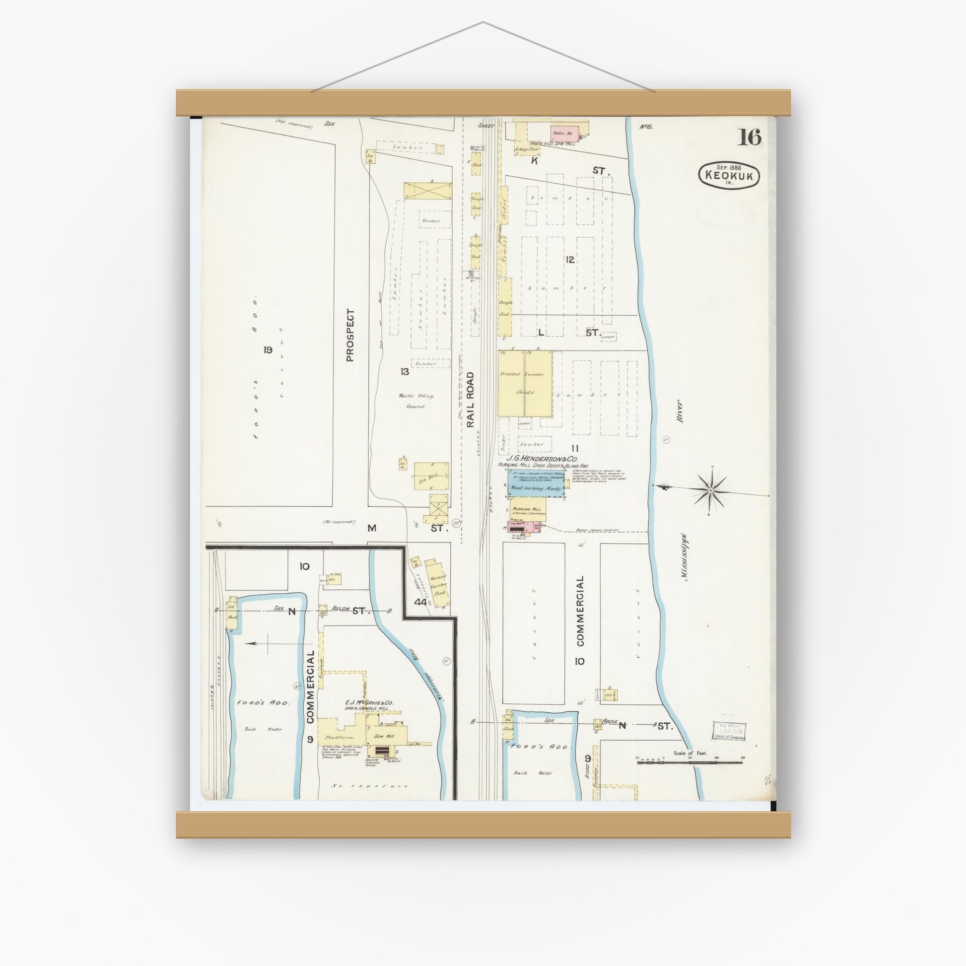 Old map wall art mockup — magnetic wood frame on white wall — Sanborn Fire Insurance Map from Keokuk, Lee County, Iowa (1888), Sheet #0016