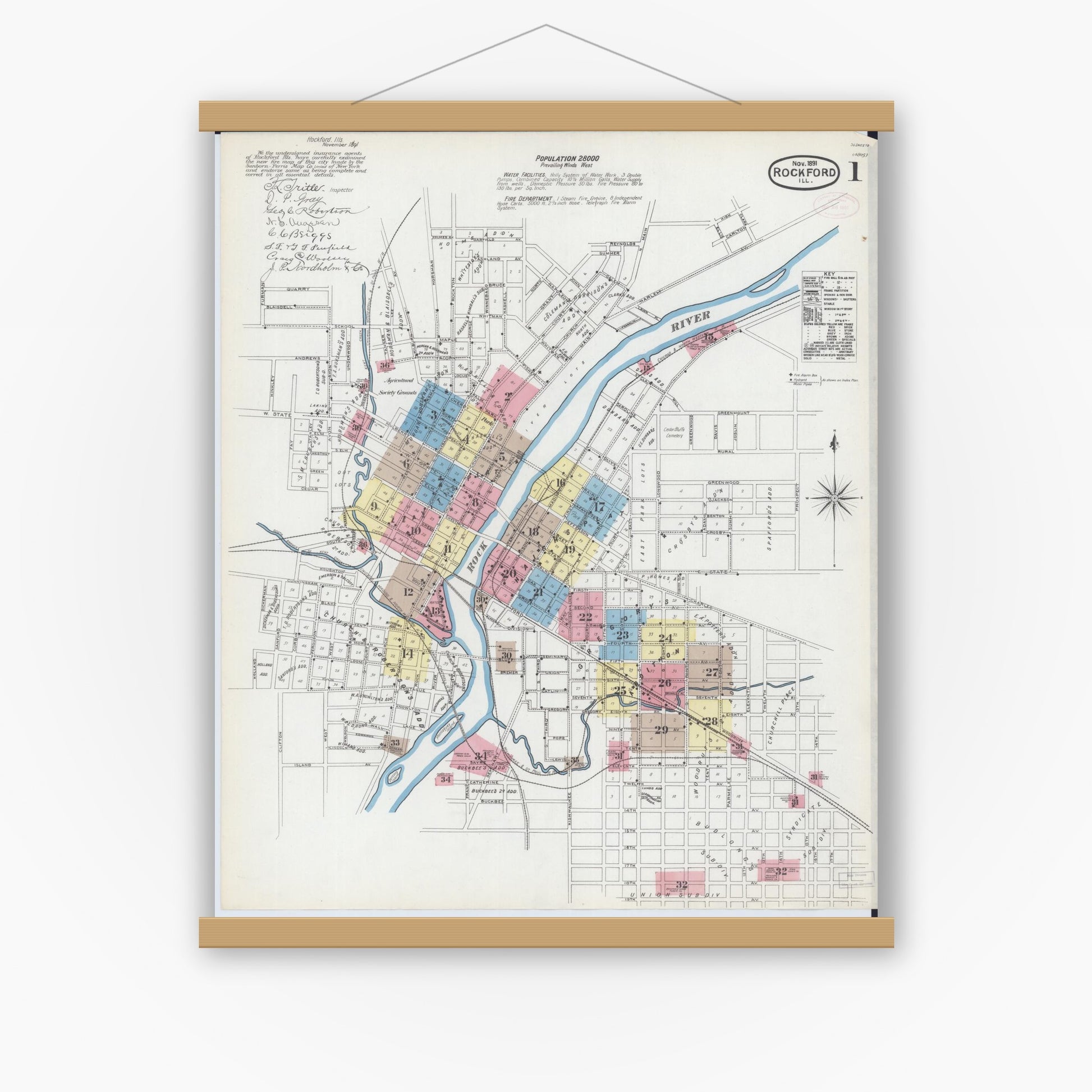 Old map wall art mockup — magnetic wood frame on white wall — Sanborn Fire Insurance Map from Rockford, Winnebago County, Illinois (1891) - Complete Map Set