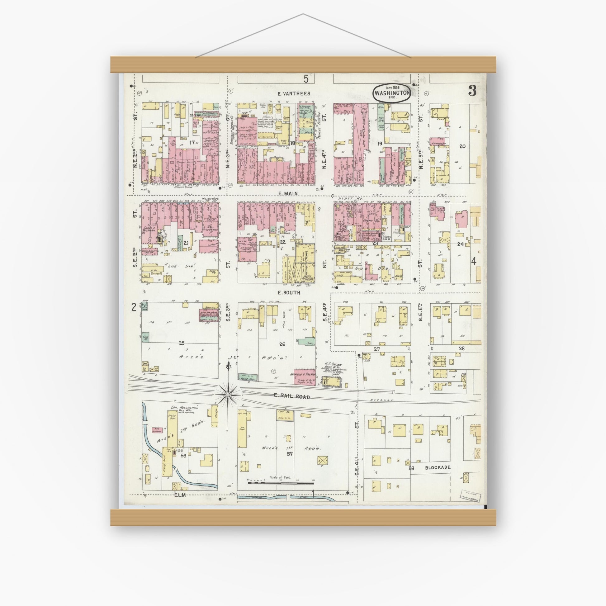 Old map wall art mockup — magnetic wood frame on white wall — Sanborn Fire Insurance Map from Washington, Daviess County, Indiana (1896), Sheet #0003