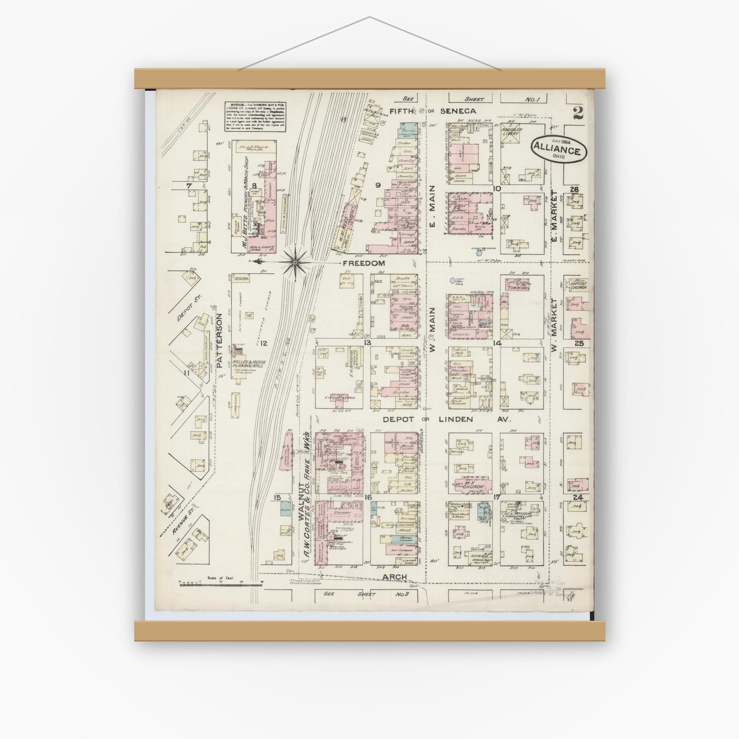 Old map wall art mockup — magnetic wood frame on white wall — Sanborn Fire Insurance Map from Alliance, Stark County, Ohio (1884), Sheet #0002