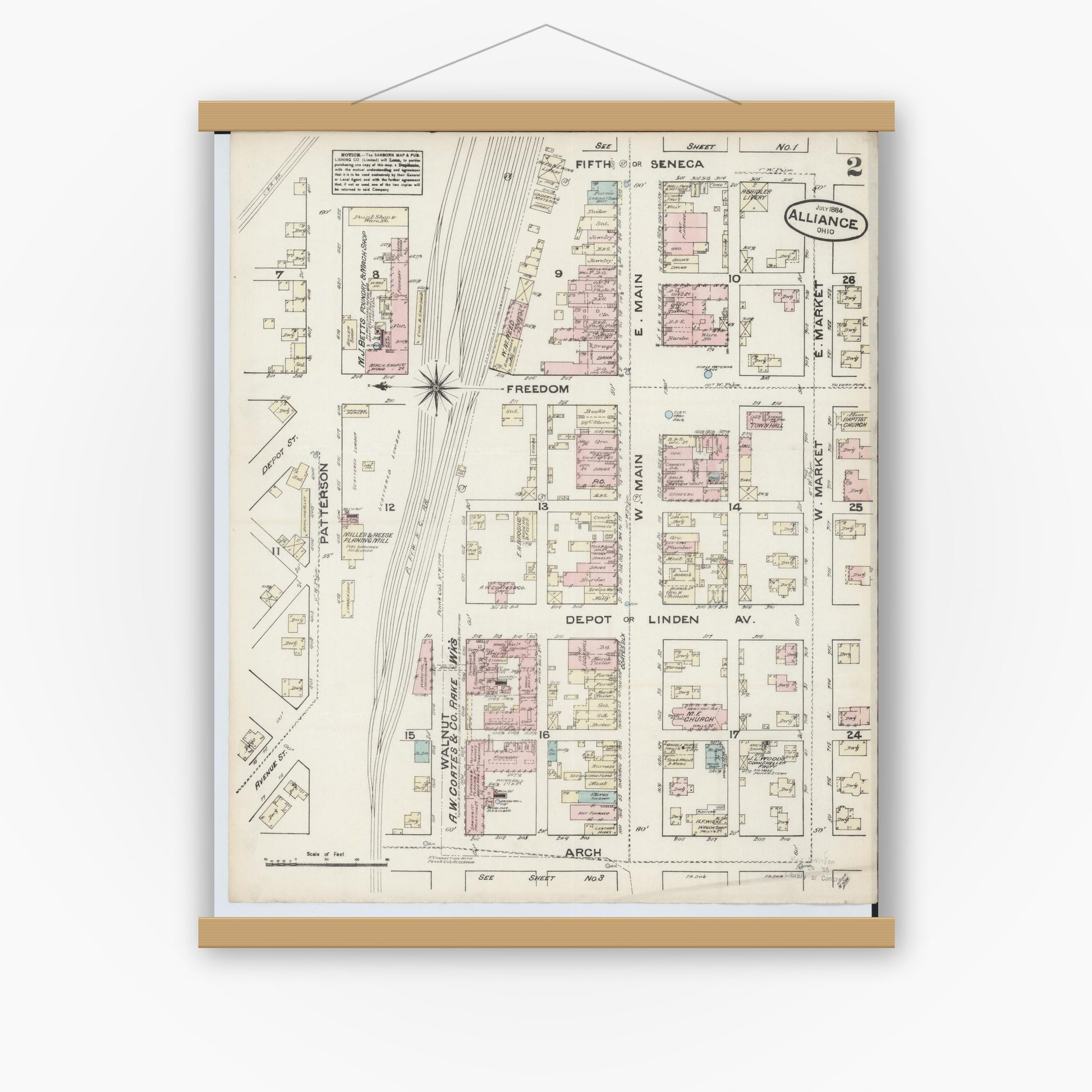 Old map wall art mockup — magnetic wood frame on white wall — Sanborn Fire Insurance Map from Alliance, Stark County, Ohio (1884), Sheet #0002