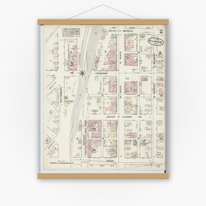 Old map wall art mockup — magnetic wood frame on white wall — Sanborn Fire Insurance Map from Alliance, Stark County, Ohio (1884), Sheet #0002