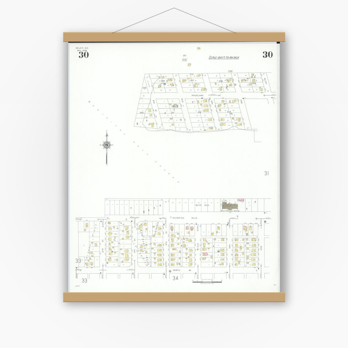 Old map wall art mockup — magnetic wood frame on white wall — Sanborn Fire Insurance Map from Beloit, Rock County, Wisconsin (1939), Sheet #0030