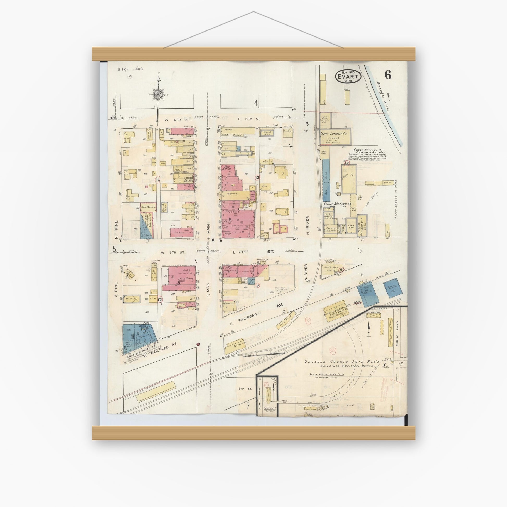 Old map wall art mockup — magnetic wood frame on white wall — Sanborn Fire Insurance Map from Evart, Osceola County, Michigan (1942), Sheet #0006