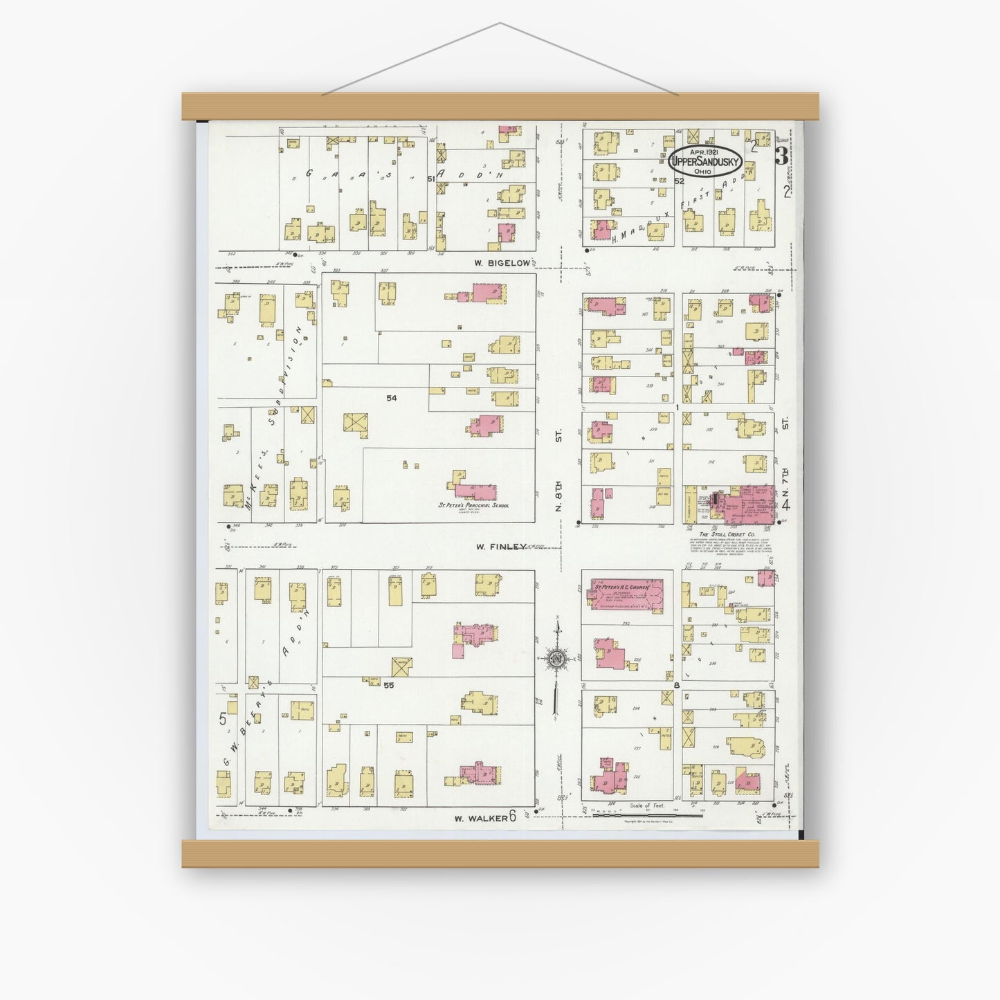 Old map wall art mockup — magnetic wood frame on white wall — Sanborn Fire Insurance Map from Upper Sandusky, Wyandot County, Ohio (1921), Sheet #0003