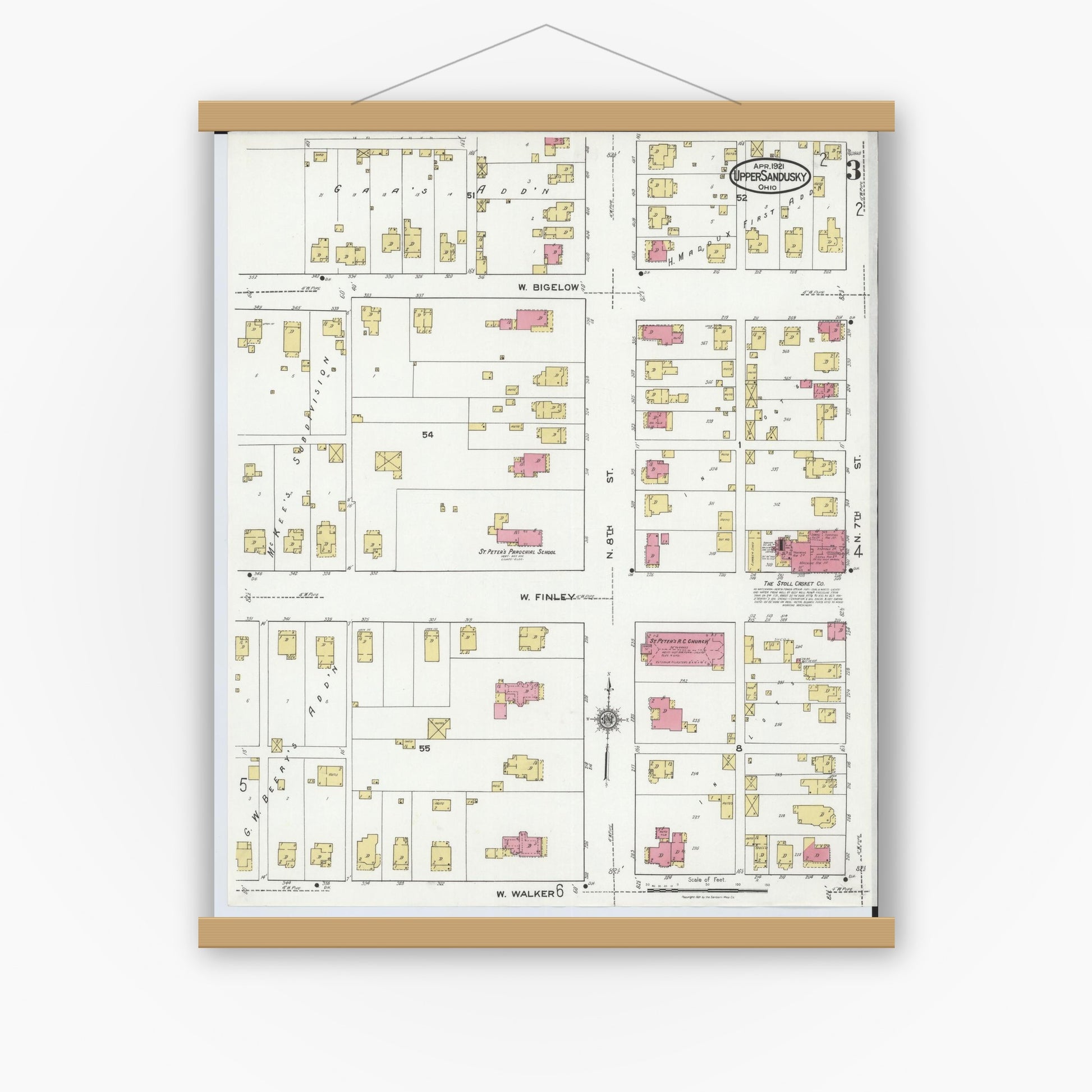 Old map wall art mockup — magnetic wood frame on white wall — Sanborn Fire Insurance Map from Upper Sandusky, Wyandot County, Ohio (1921), Sheet #0003