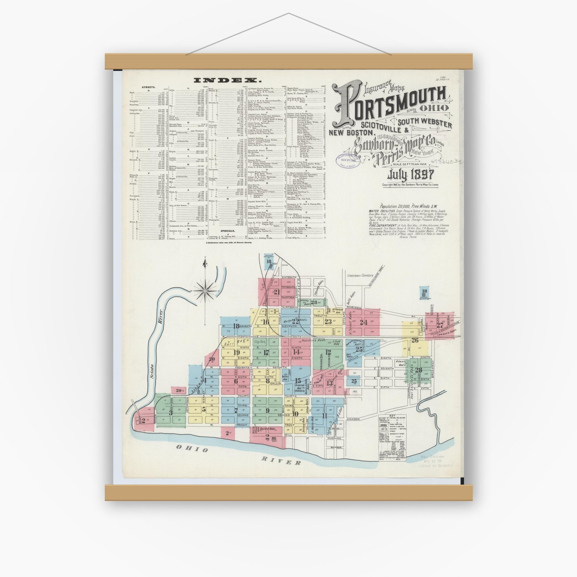 Old map wall art mockup — magnetic wood frame on white wall — Sanborn Fire Insurance Map from Portsmouth, Scioto County, Ohio (1897), Sheet #0001