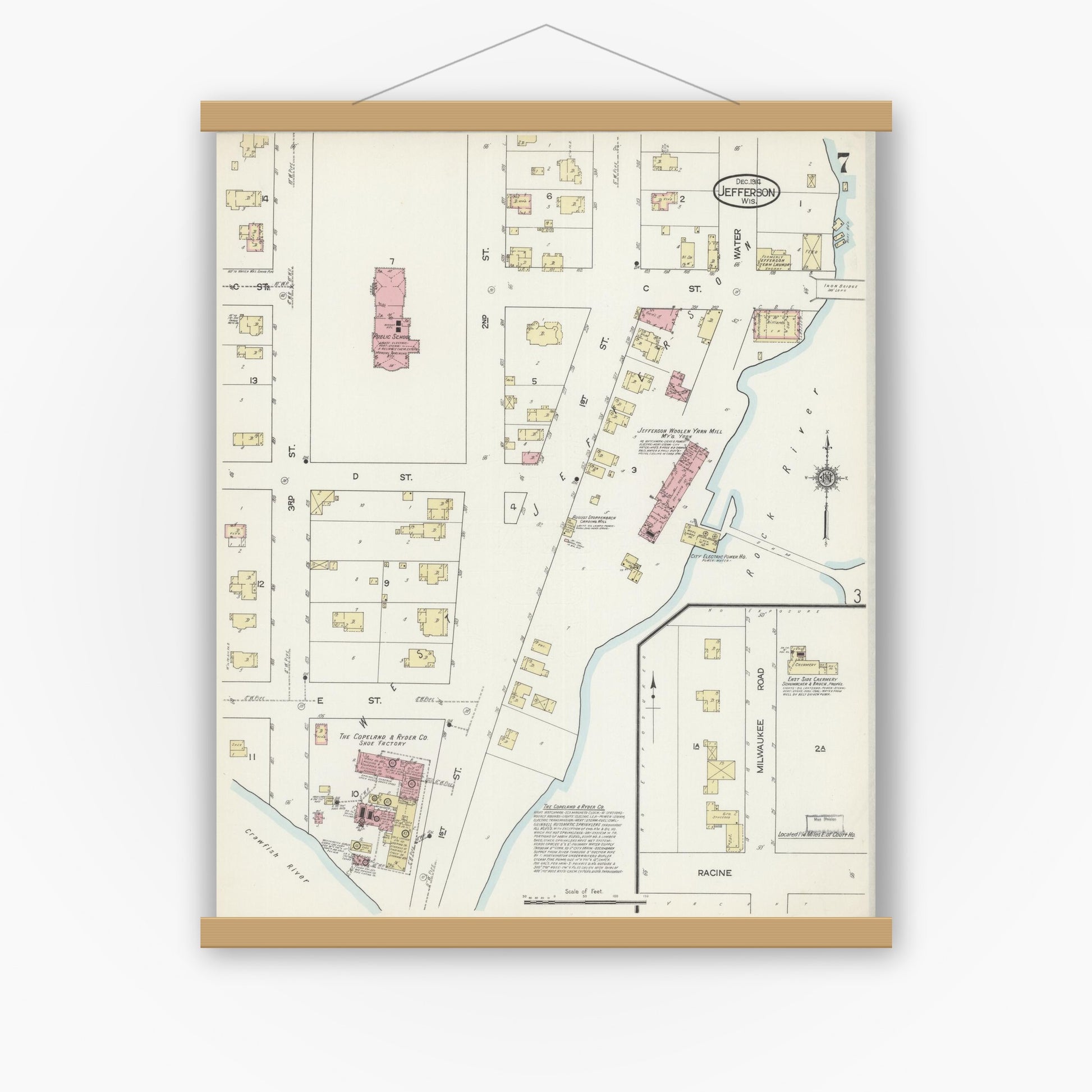 Old map wall art mockup — magnetic wood frame on white wall — Sanborn Fire Insurance Map from Jefferson, Jefferson County, Wisconsin (1914), Sheet #0007
