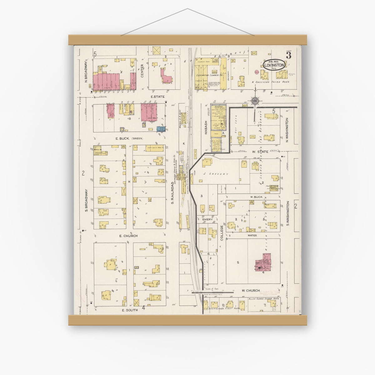 Old map wall art mockup — magnetic wood frame on white wall — Sanborn Fire Insurance Map from Lovington, Moultrie County, Illinois (1922), Sheet #0003