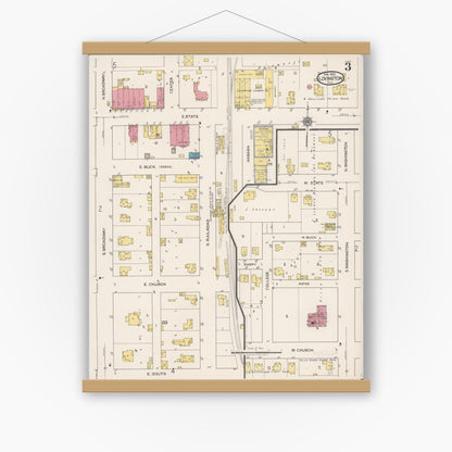 Old map wall art mockup — magnetic wood frame on white wall — Sanborn Fire Insurance Map from Lovington, Moultrie County, Illinois (1922), Sheet #0003