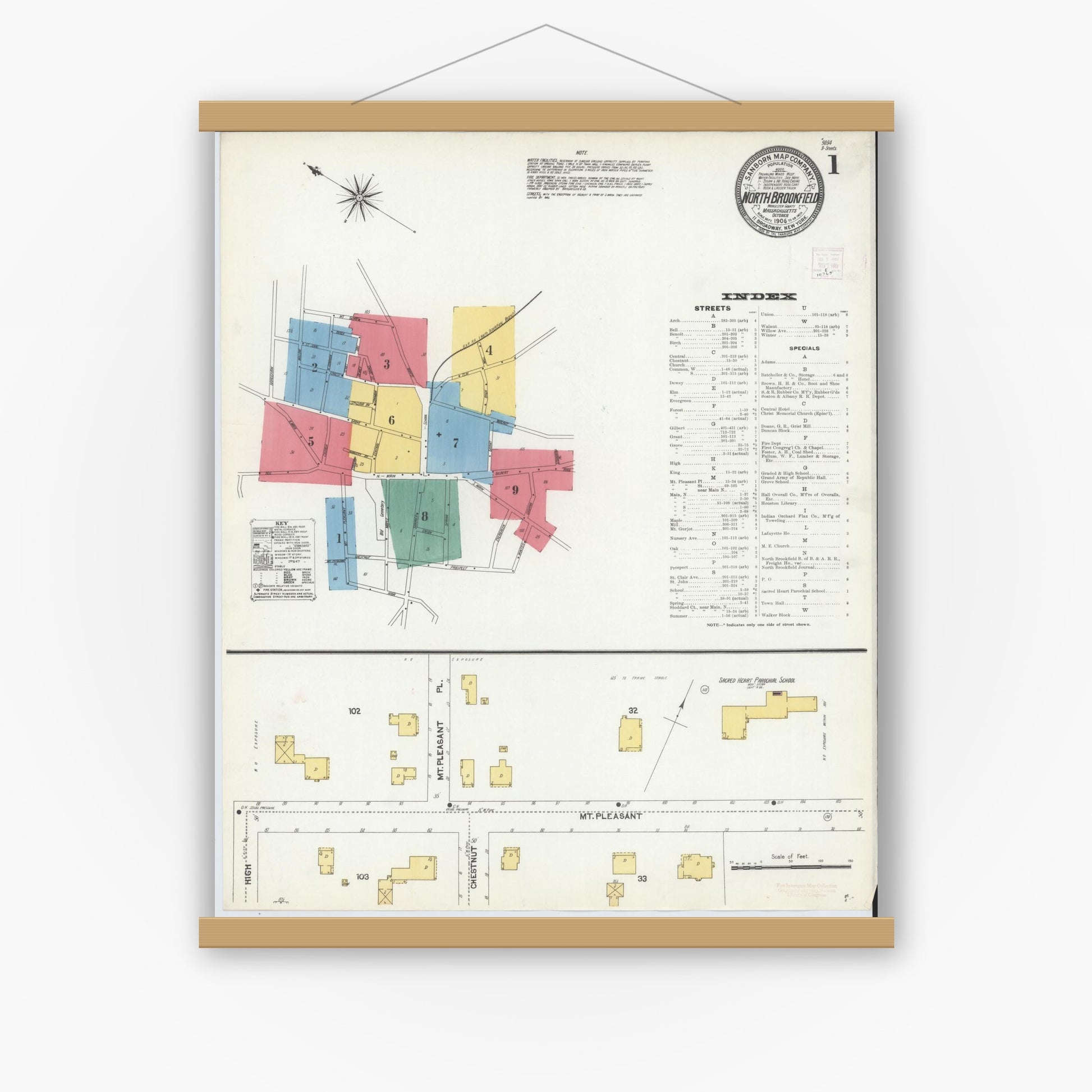 Old map wall art mockup — magnetic wood frame on white wall — Sanborn Fire Insurance Map from North Brookfield, Worcester County, Massachusetts (1906) - Complete Map Set