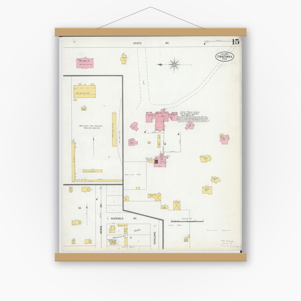 Old map wall art mockup — magnetic wood frame on white wall — Sanborn Fire Insurance Map from Owatonna, Steele County, Minnesota (1900), Sheet #0015