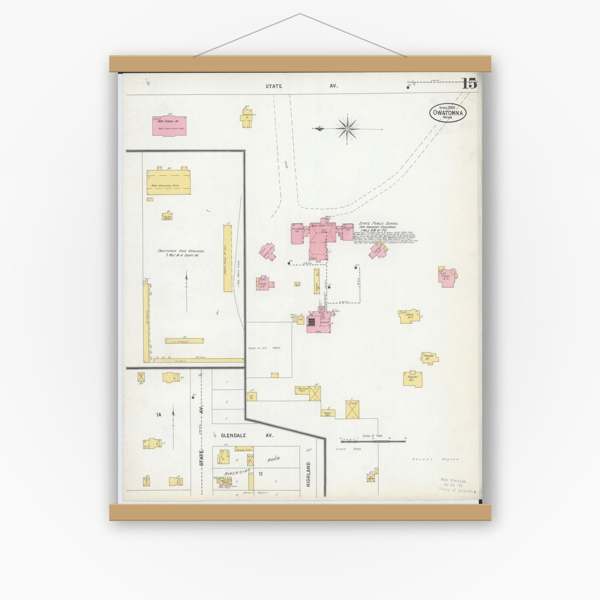 Old map wall art mockup — magnetic wood frame on white wall — Sanborn Fire Insurance Map from Owatonna, Steele County, Minnesota (1900), Sheet #0015