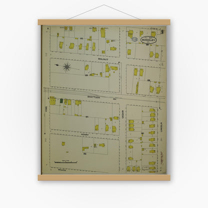 Old map wall art mockup — magnetic wood frame on white wall — Sanborn Fire Insurance Map from Berkeley, Alameda County, California (1894), Sheet #0003