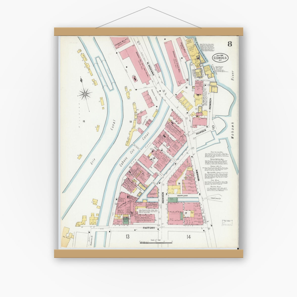Old map wall art mockup — magnetic wood frame on white wall — Sanborn Fire Insurance Map from Cohoes, Albany County, New York (1902), Sheet #0008