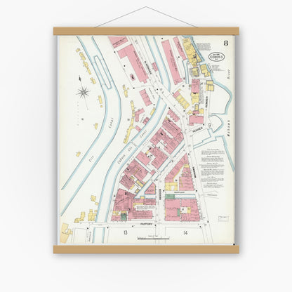 Old map wall art mockup — magnetic wood frame on white wall — Sanborn Fire Insurance Map from Cohoes, Albany County, New York (1902), Sheet #0008