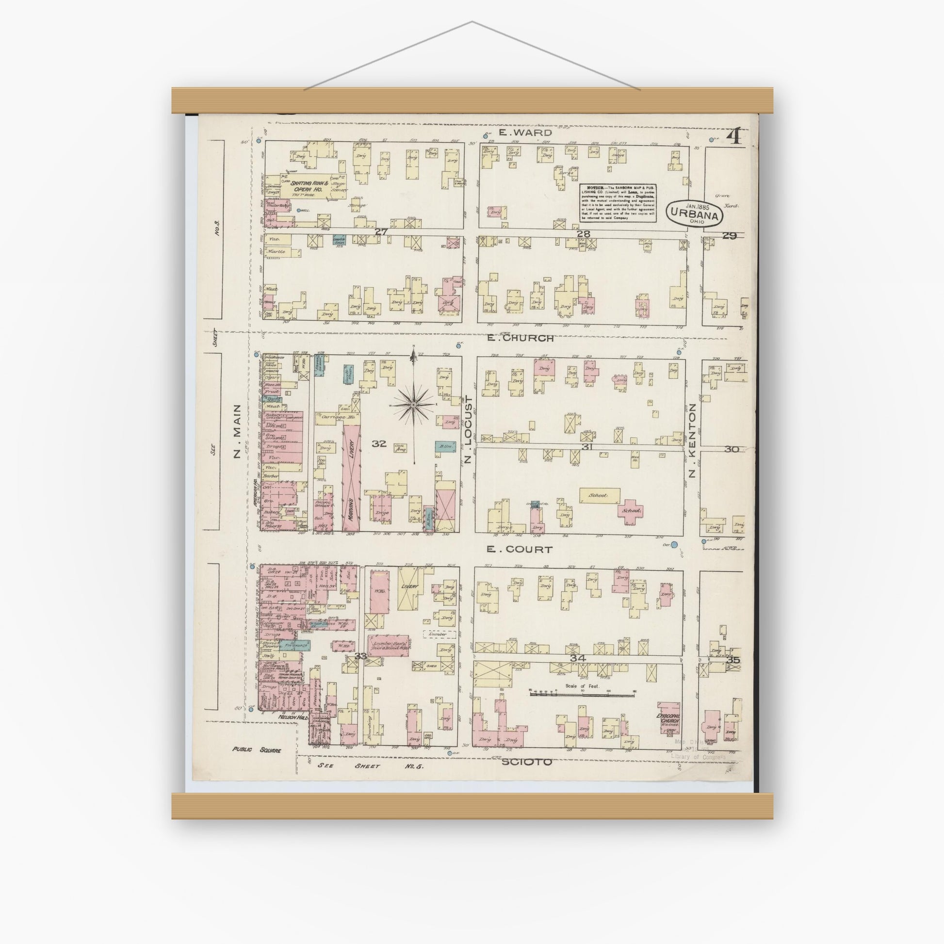 Old map wall art mockup — magnetic wood frame on white wall — Sanborn Fire Insurance Map from Urbana, Champaign County, Ohio (1885), Sheet #0004