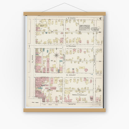 Old map wall art mockup — magnetic wood frame on white wall — Sanborn Fire Insurance Map from Urbana, Champaign County, Ohio (1885), Sheet #0004