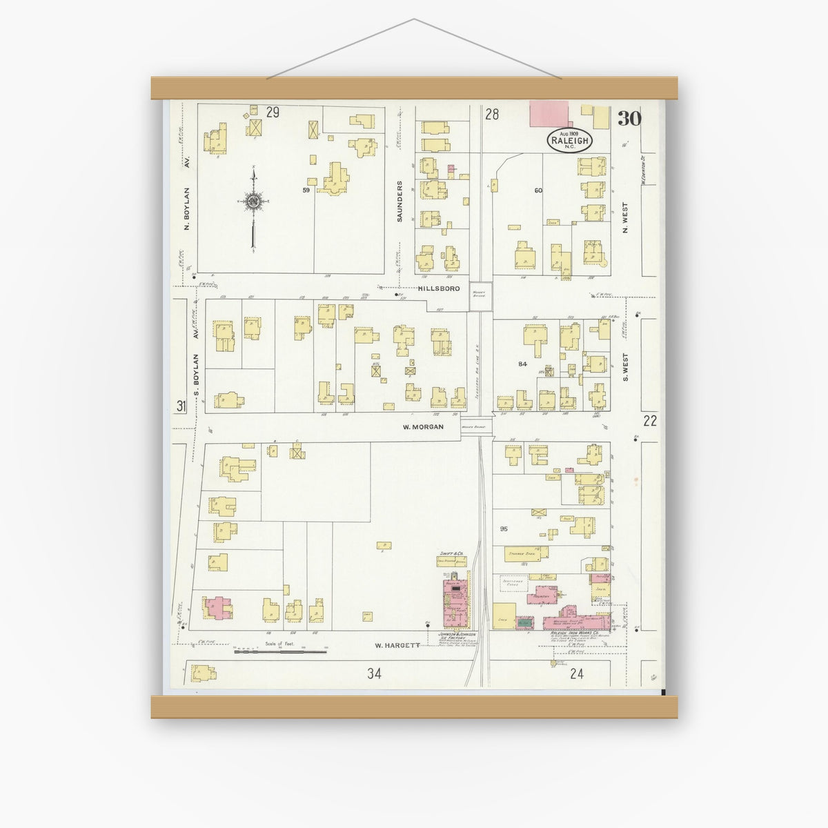 Old map wall art mockup — magnetic wood frame on white wall — Sanborn Fire Insurance Map from Raleigh, Wake County, North Carolina (1909), Sheet #0030