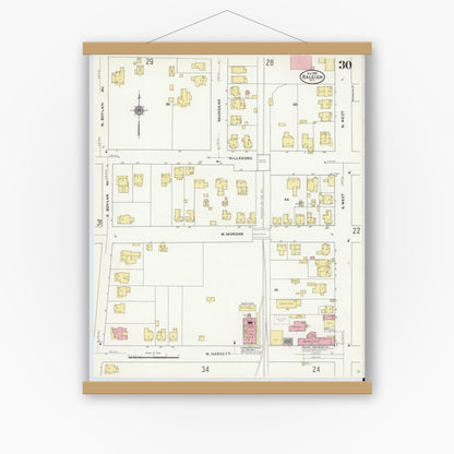 Old map wall art mockup — magnetic wood frame on white wall — Sanborn Fire Insurance Map from Raleigh, Wake County, North Carolina (1909), Sheet #0030