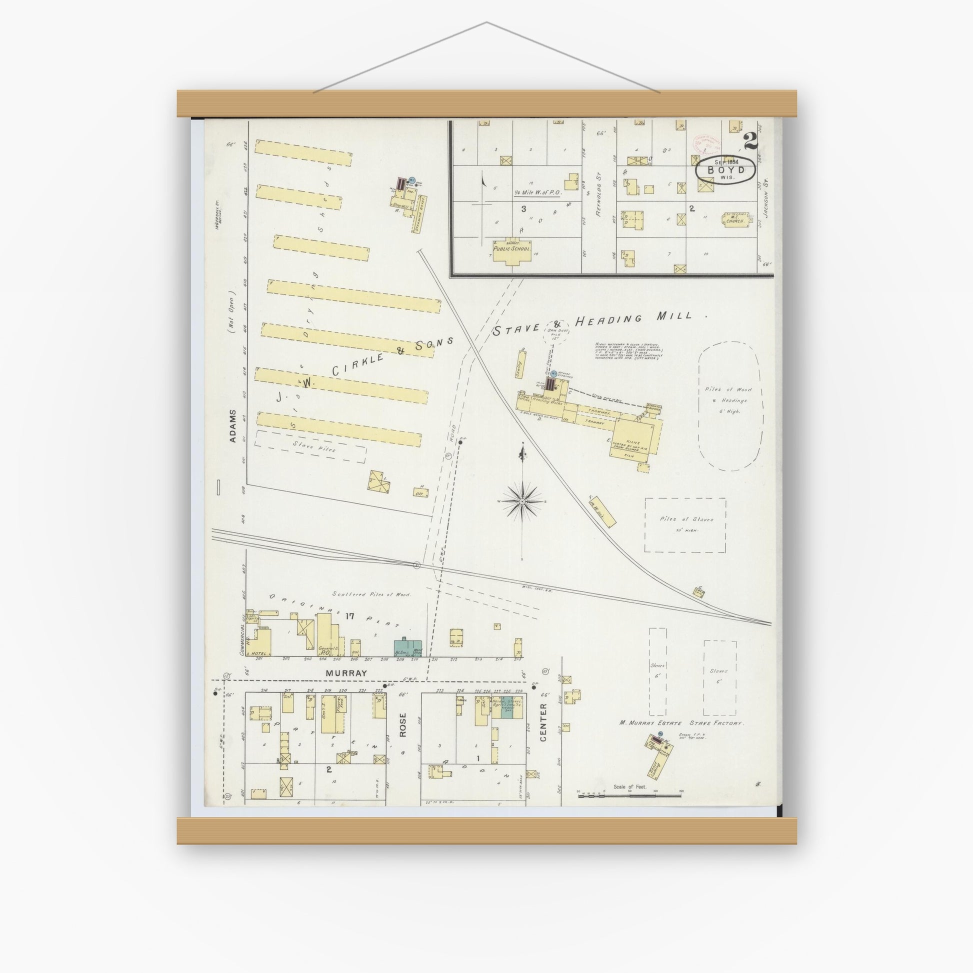 Old map wall art mockup — magnetic wood frame on white wall — Sanborn Fire Insurance Map from Boyd, Chippewa County, Wisconsin (1894), Sheet #0002