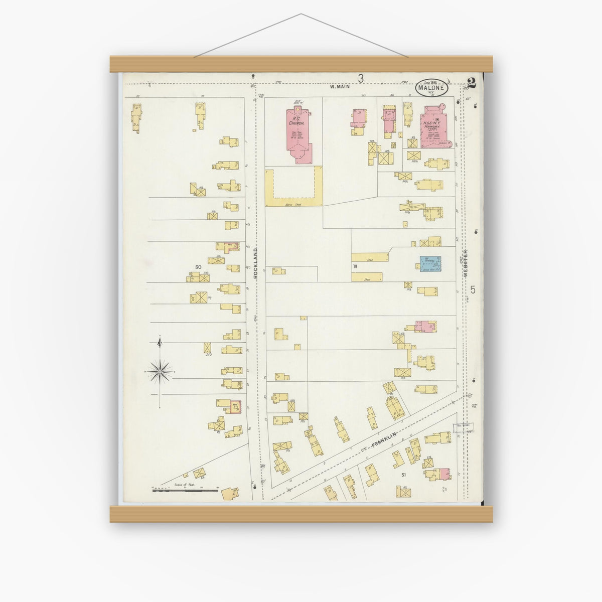 Old map wall art mockup — magnetic wood frame on white wall — Sanborn Fire Insurance Map from Malone, Franklin County, New York (1898), Sheet #0002