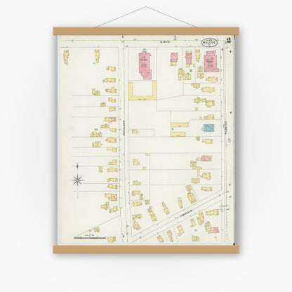 Old map wall art mockup — magnetic wood frame on white wall — Sanborn Fire Insurance Map from Malone, Franklin County, New York (1898), Sheet #0002