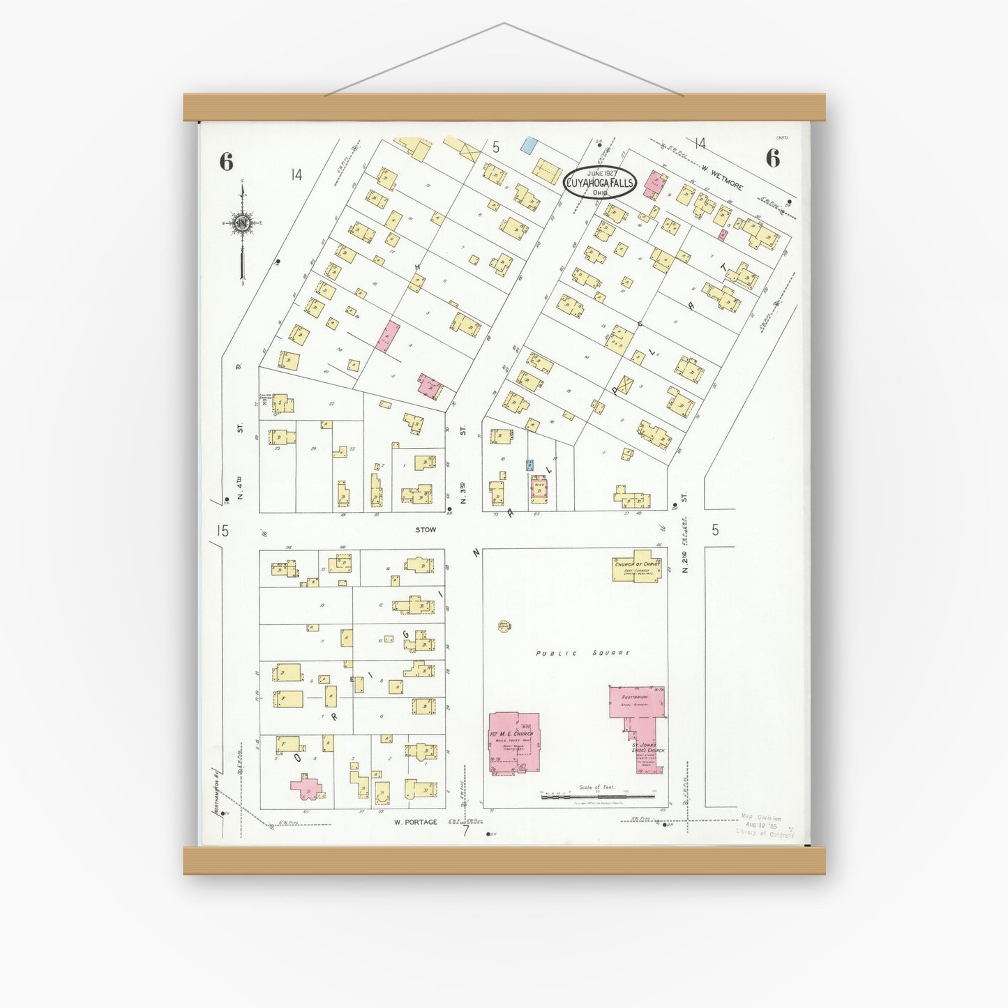 Old map wall art mockup — magnetic wood frame on white wall — Sanborn Fire Insurance Map from Cuyahoga Falls, Summit County, Ohio (1927), Sheet #0006