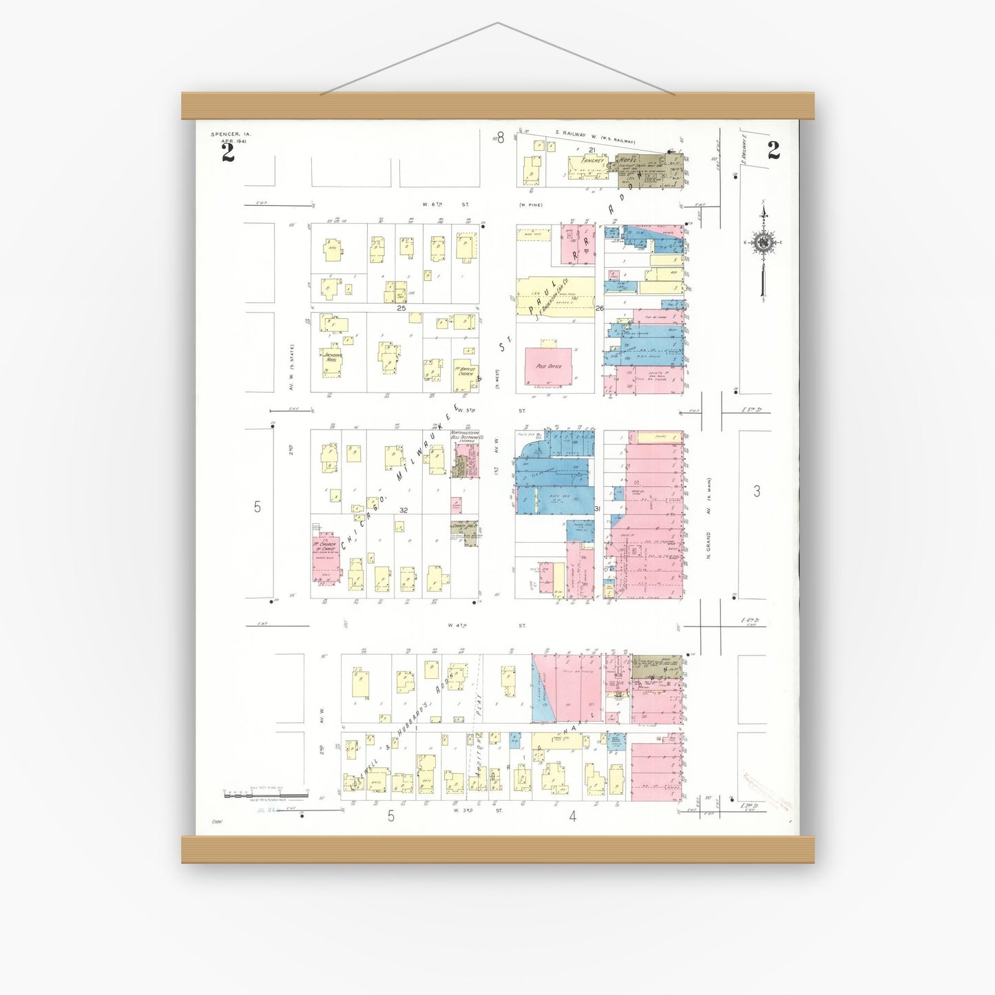 Old map wall art mockup — magnetic wood frame on white wall — Sanborn Fire Insurance Map from Spencer, Clay County, Iowa (1941), Sheet #0002