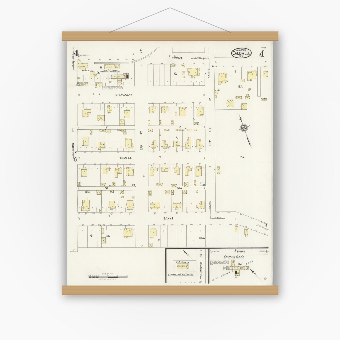 Old map wall art mockup — magnetic wood frame on white wall — Sanborn Fire Insurance Map from Caldwell, Burleson County, Texas (1925), Sheet #0004