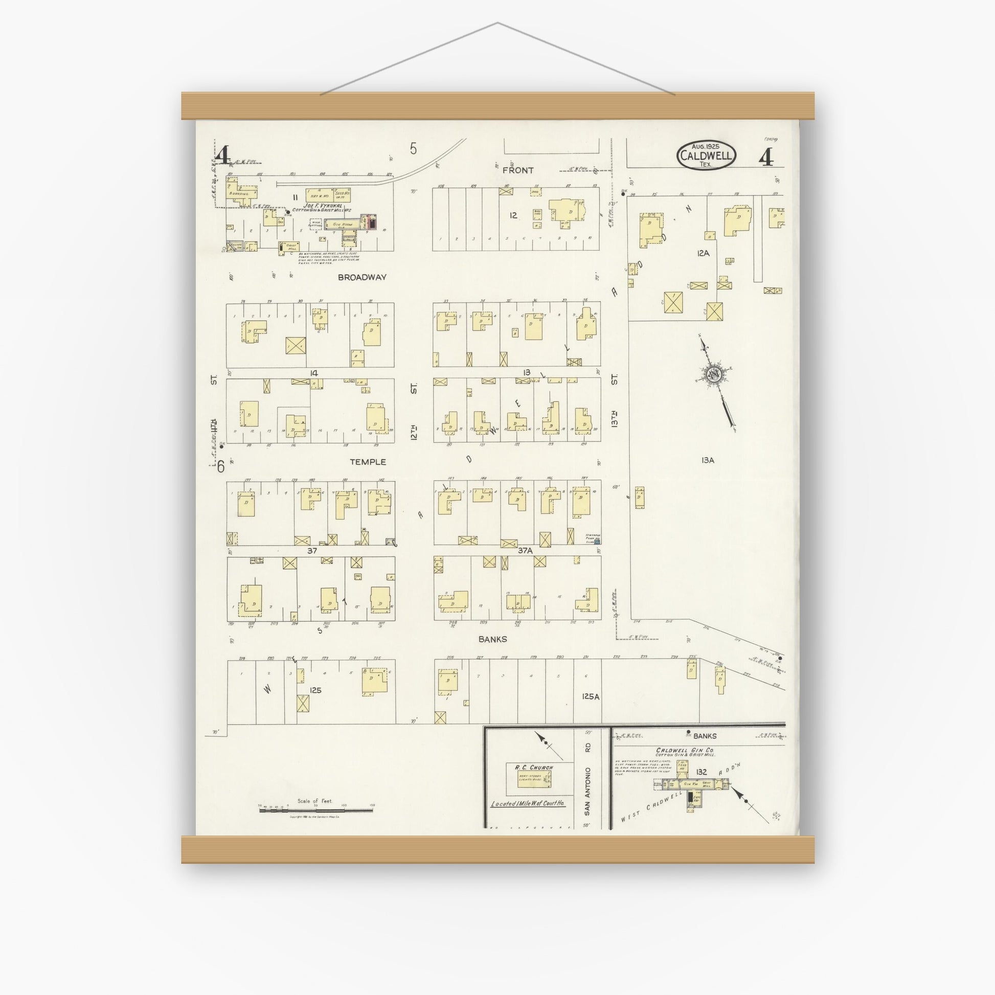 Old map wall art mockup — magnetic wood frame on white wall — Sanborn Fire Insurance Map from Caldwell, Burleson County, Texas (1925), Sheet #0004