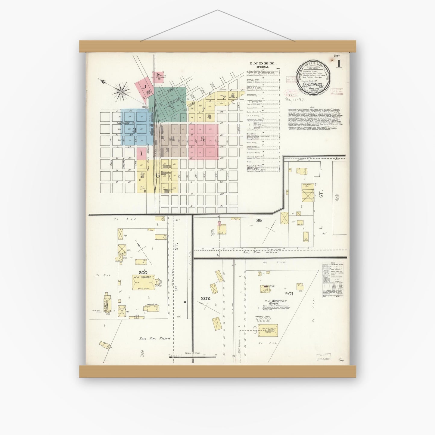 Old map wall art mockup — magnetic wood frame on white wall — Sanborn Fire Insurance Map from Livermore, Alameda County, California (1893) - Complete Map Set