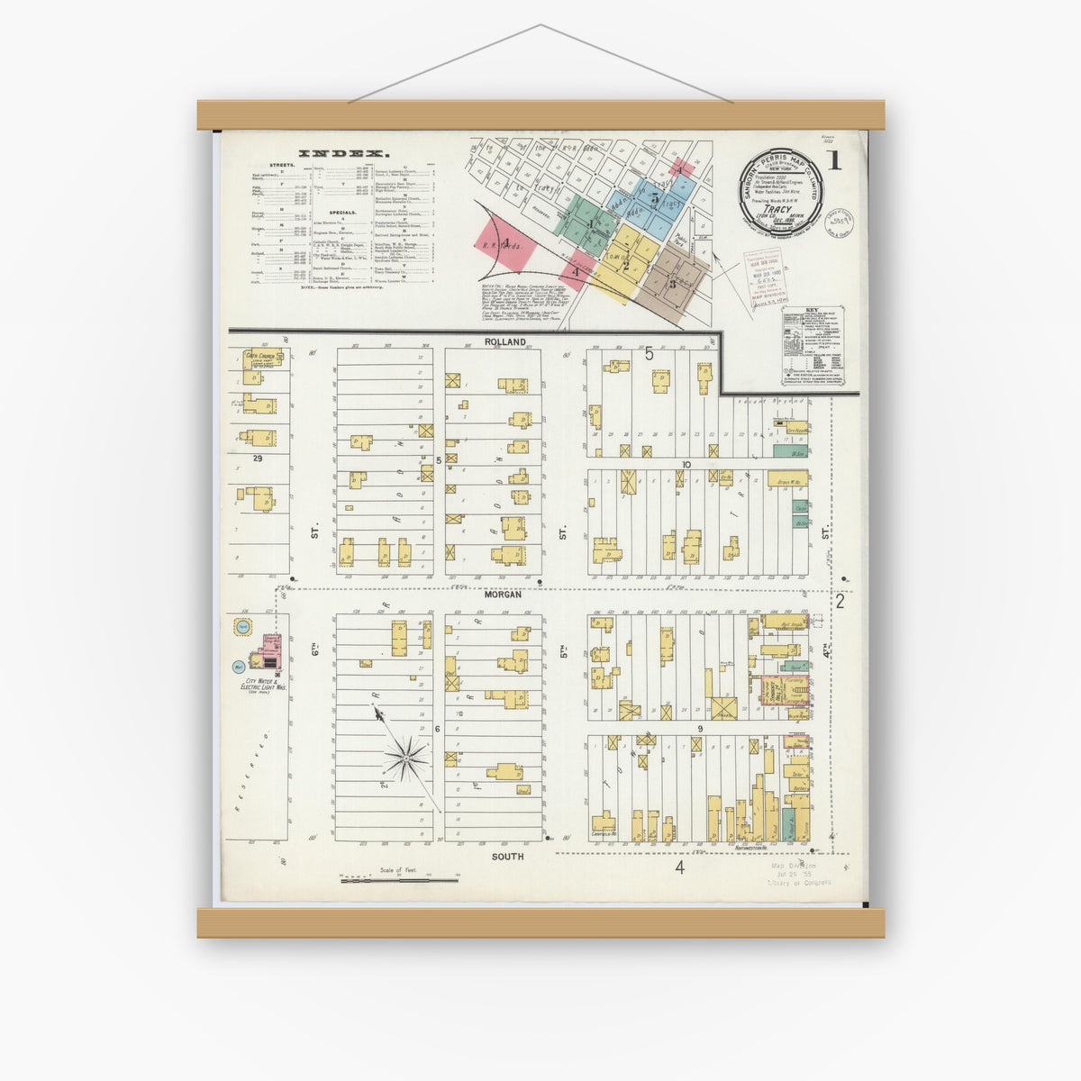 Old map wall art mockup — magnetic wood frame on white wall — Sanborn Fire Insurance Map from Tracy, Lyon County, Minnesota (1899), Sheet #0001