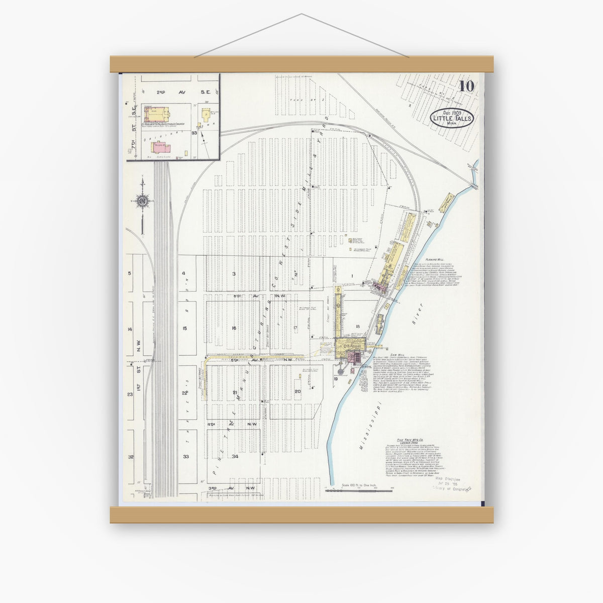 Old map wall art mockup — magnetic wood frame on white wall — Sanborn Fire Insurance Map from Little Falls, Morrison County, Minnesota (1909), Sheet #0010