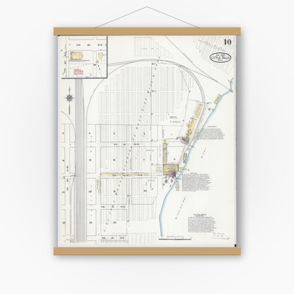 Old map wall art mockup — magnetic wood frame on white wall — Sanborn Fire Insurance Map from Little Falls, Morrison County, Minnesota (1909), Sheet #0010