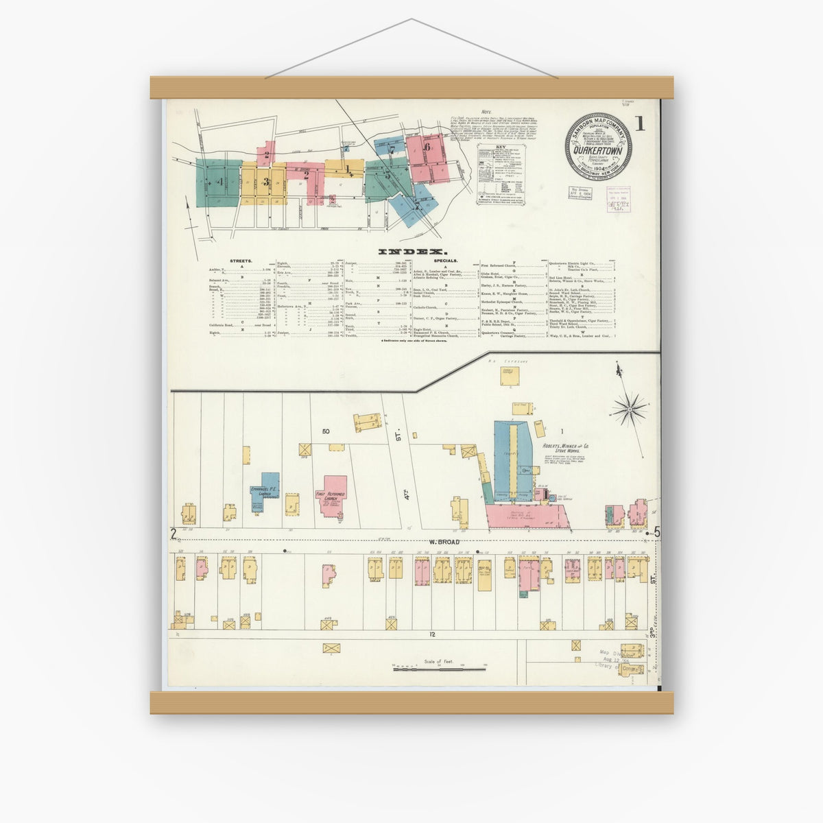 Old map wall art mockup — magnetic wood frame on white wall — Sanborn Fire Insurance Map from Quakertown, Bucks County, Pennsylvania (1904) - Complete Map Set