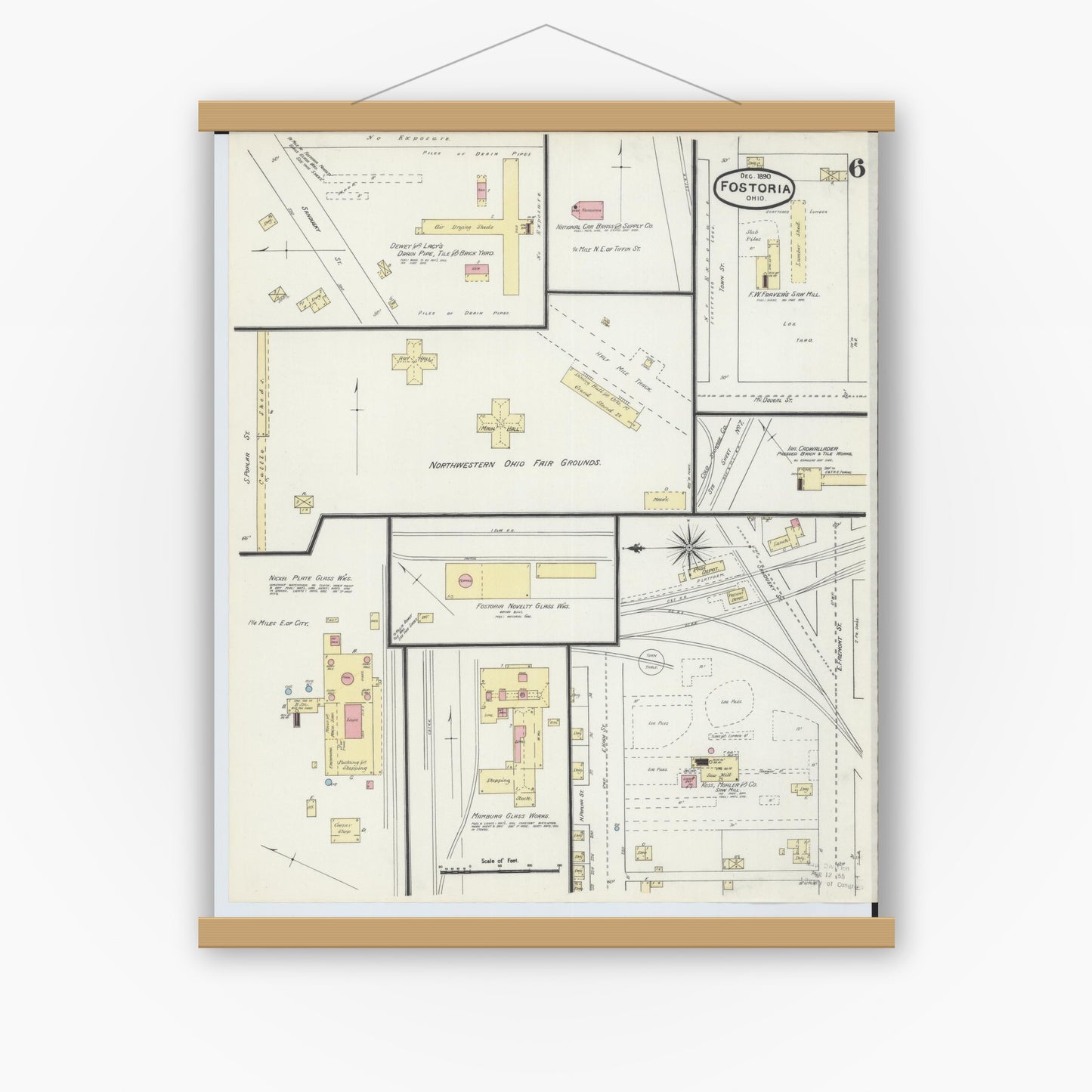 Old map wall art mockup — magnetic wood frame on white wall — Sanborn Fire Insurance Map from Fostoria, Seneca, Hancock, And Wood Counties, Ohio (1891), Sheet #0006