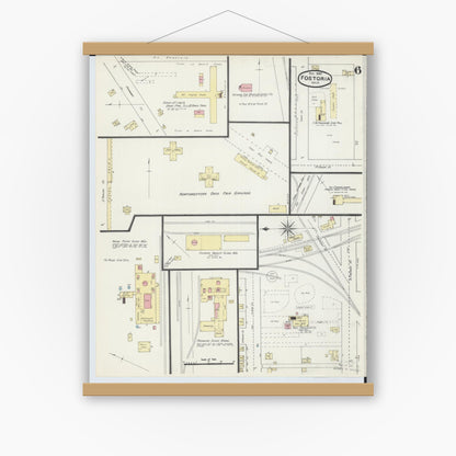 Old map wall art mockup — magnetic wood frame on white wall — Sanborn Fire Insurance Map from Fostoria, Seneca, Hancock, And Wood Counties, Ohio (1891), Sheet #0006
