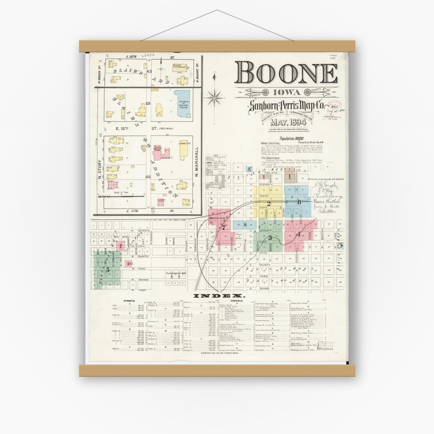 Old map wall art mockup — magnetic wood frame on white wall — Sanborn Fire Insurance Map from Boone, Boone County, Iowa (1894) â€” Complete Set