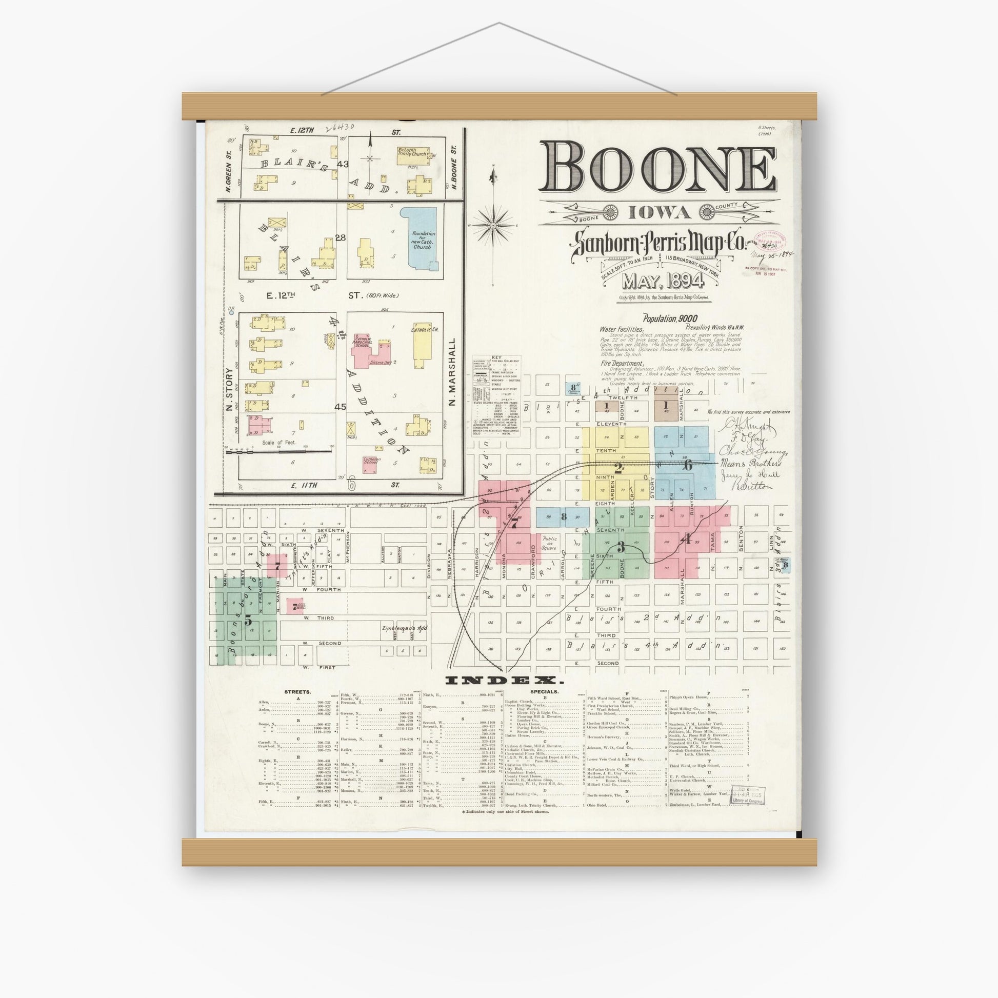 Old map wall art mockup — magnetic wood frame on white wall — Sanborn Fire Insurance Map from Boone, Boone County, Iowa (1894) â€” Complete Set