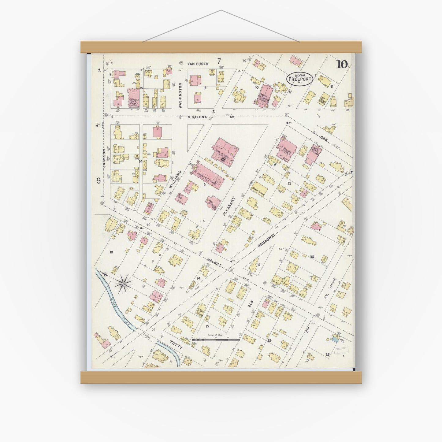 Old map wall art mockup — magnetic wood frame on white wall — Sanborn Fire Insurance Map from Freeport, Stephenson County, Illinois (1897), Sheet #0010