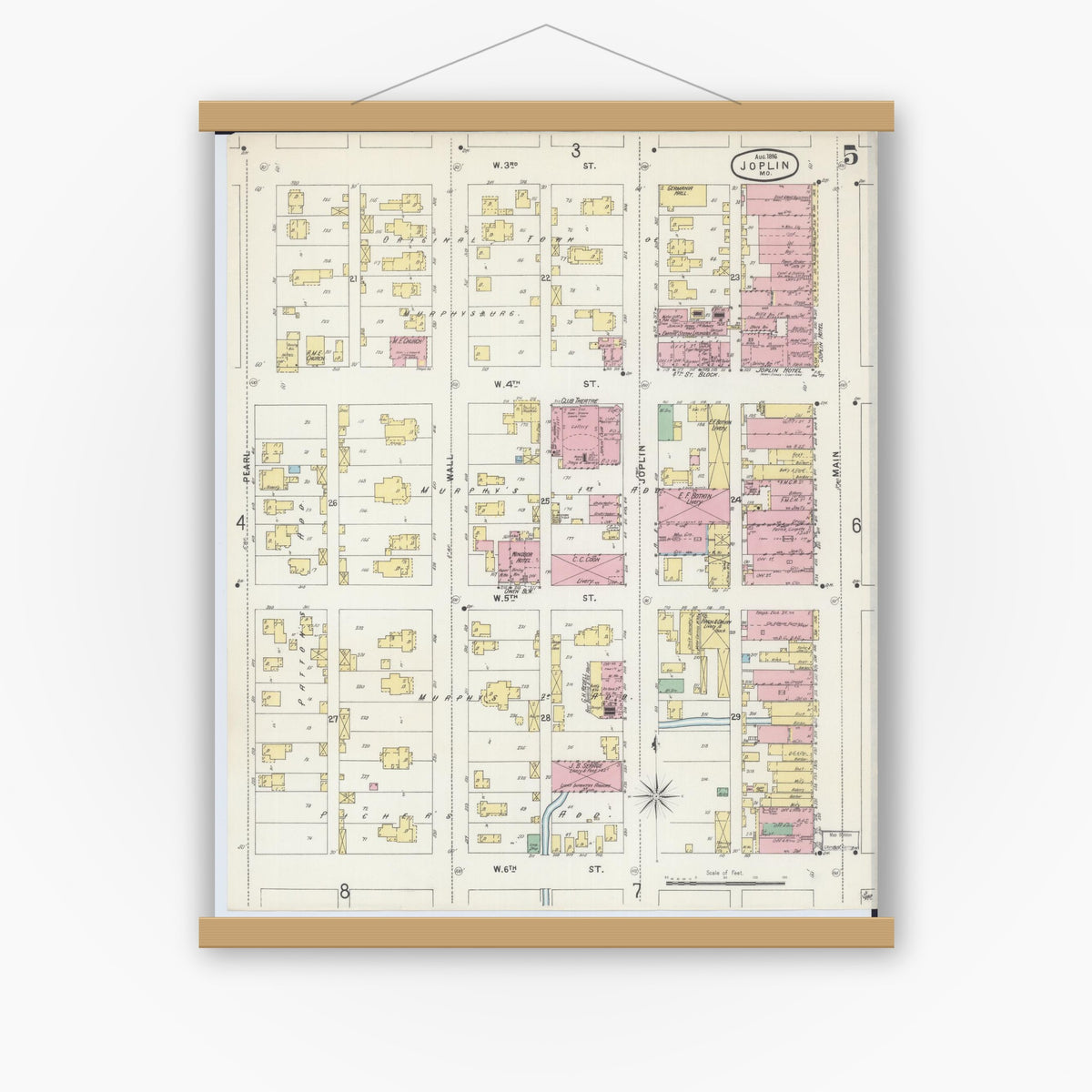 Old map wall art mockup — magnetic wood frame on white wall — Sanborn Fire Insurance Map from Joplin, Jasper County, Missouri (1896), Sheet #0005