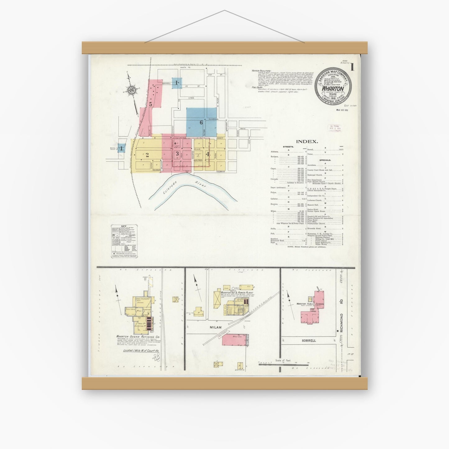 Old map wall art mockup — magnetic wood frame on white wall — Sanborn Fire Insurance Map from Wharton, Wharton County, Texas (1912) - Complete Map Set