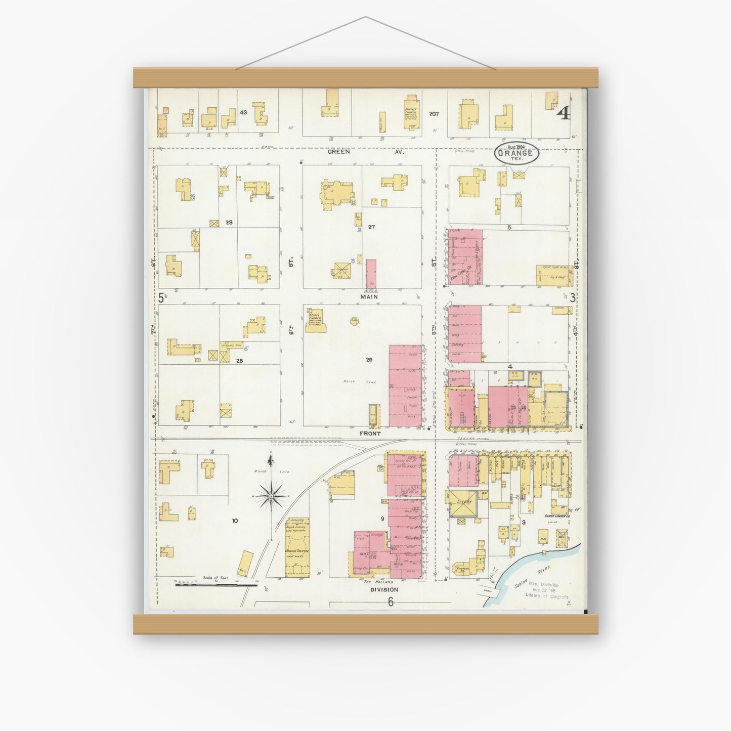 Old map wall art mockup — magnetic wood frame on white wall — Sanborn Fire Insurance Map from Orange, Orange County, Texas (1904), Sheet #0004
