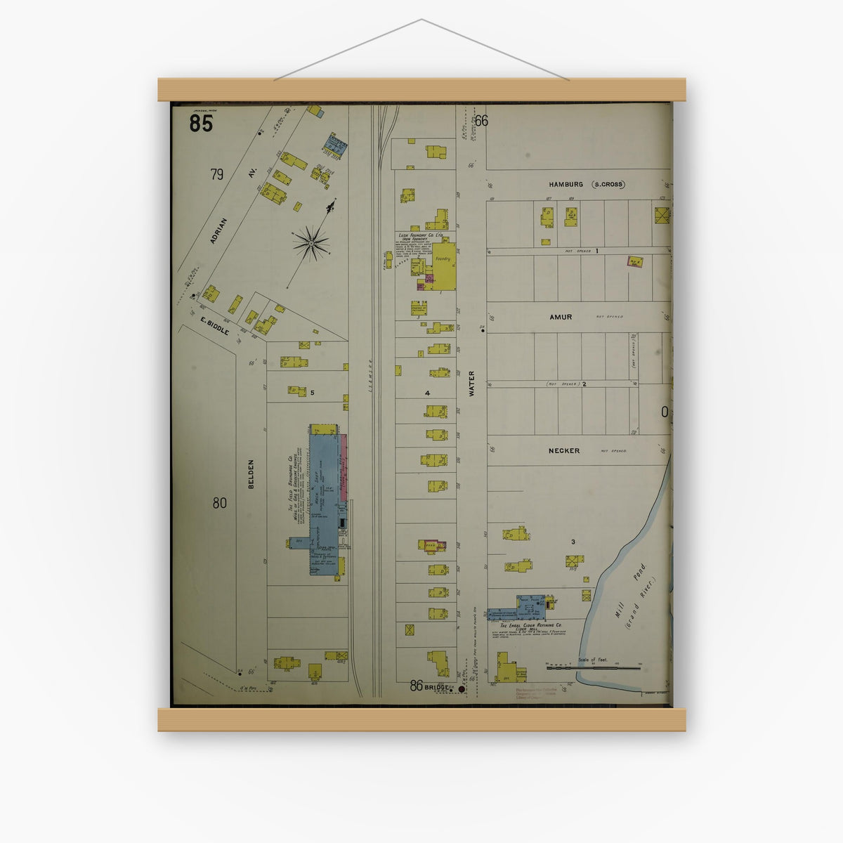 Old map wall art mockup — magnetic wood frame on white wall — Sanborn Fire Insurance Map from Jackson, Jackson County, Michigan (1907), Sheet #0085