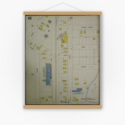 Old map wall art mockup — magnetic wood frame on white wall — Sanborn Fire Insurance Map from Jackson, Jackson County, Michigan (1907), Sheet #0085