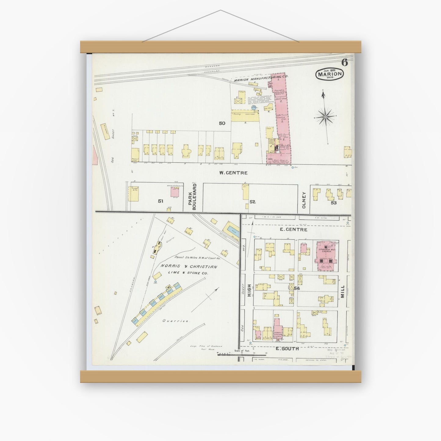 Old map wall art mockup — magnetic wood frame on white wall — Sanborn Fire Insurance Map from Marion, Marion County, Ohio (1892), Sheet #0006