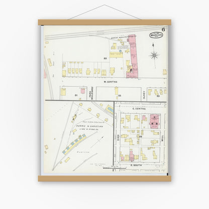 Old map wall art mockup — magnetic wood frame on white wall — Sanborn Fire Insurance Map from Marion, Marion County, Ohio (1892), Sheet #0006